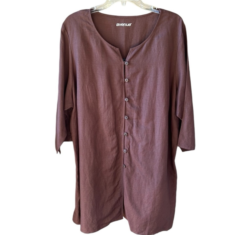Avenue Sz 18/20 Chocolate Brown Linen Blend 3/4 Sleeve Button Down Tunic Top
